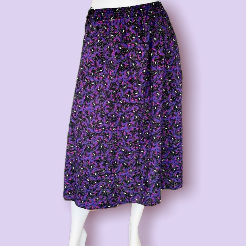 Vtg 80s black polka dot skirt with purple design elastic waist midi skirt